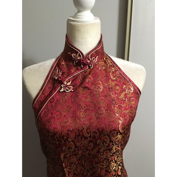 Da Hwa Red Medium Silk Asian Style Halter Occasion Dress - Picture 2 of 4